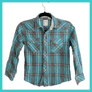 Roper Womens Plaid Western Snap Button Shirt Turquoise Brown Grey Size M 8-10